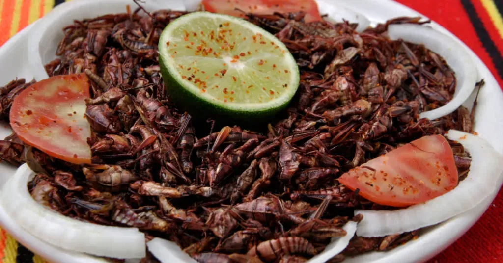 Chapulines seasoned with lime, onion, tomato, and chili