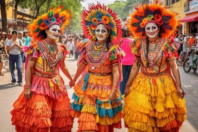 Delegaciones folclóricas bailando en el Auditorio Guelaguetza